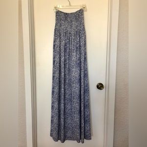 Club Monaco Blue Print Smocked Strapless Maxi Dress